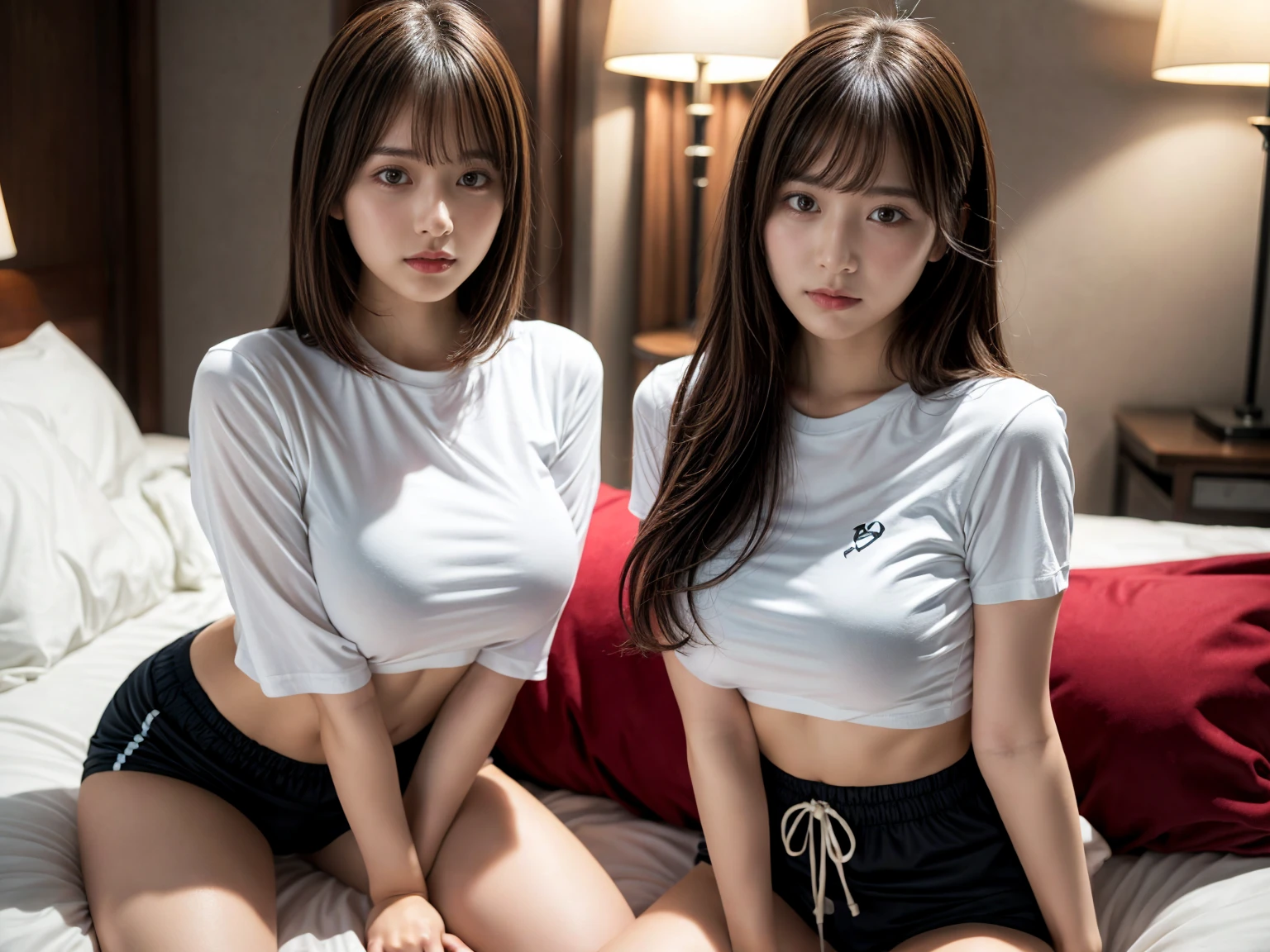 masterpiece, best quality, illustration, Super detailed, fine details, High resolution, 8K,wall paper, perfect dynamic composition,(Details High quality, realistic depiction of eyes:1.3), (2 girls), oversized sport shirt, shorts women, sitting, open legs, short bob hair, in a hotel room in the background, deep on field, large breasts, black hair color, Big Natural Color Lip, (perfect body shape), crying a little、Harajuku style、20 year old girl、cute type、beautiful legs, Gravure Idol