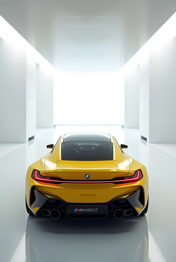 A mesmerizing futuristic scene of a (BMW M5) 2025 model taking center stage in a luxurious white showroom. The brilliant “yellow” exterior of the car reflects the light, accentuating its sleek, aerodynamic design and striking accents. The “back” view of the car showcases the cutting-edge technology and innovation of its time, inviting potential buyers to immerse themselves in the future of automotive design and performance. This captivating image promises an unparalleled driving experience, transporting the viewer into a world of advanced engineering and design.