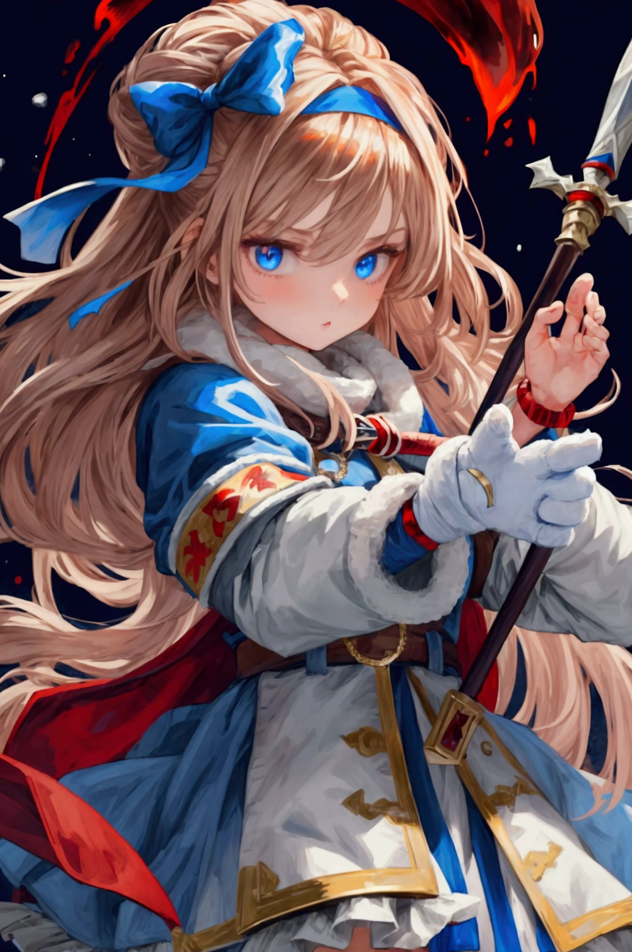(work of art, Maximum quality, best qualityer), pixel,pixel art,1 girl,whole body, Eleven, female magician, long wild hair, russet hair, blue winter coat with white trim, bolsa de couro, armband with red ribbons, wooden staff, fire magic at the tip of the staff, evil gaze, Eyes red, darkness background, Blue bow on head, facing, mitts, brown bandage on arms, winter clothes, attacking in the air, perfect hands