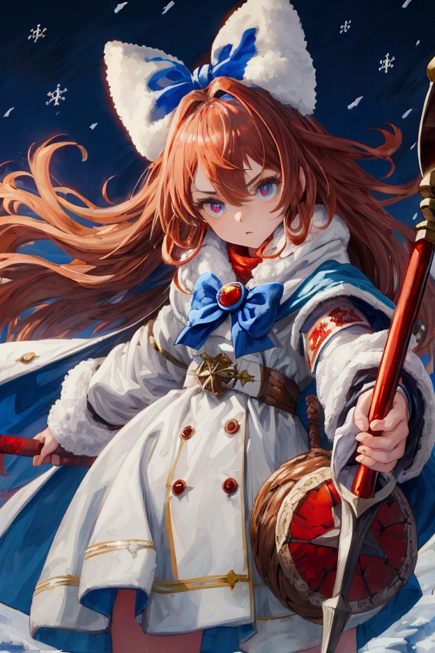 (work of art, Maximum quality, best qualityer), pixel,pixel art,1 girl,whole body, Eleven, female magician, long wild hair, russet hair, blue winter coat with white trim, bolsa de couro, armband with red ribbons, wooden staff, fire magic at the tip of the staff, evil gaze, Eyes red, darkness background, Blue bow on head, facing, mitts, brown bandage on arms, winter clothes, attacking in the air, perfect hands
