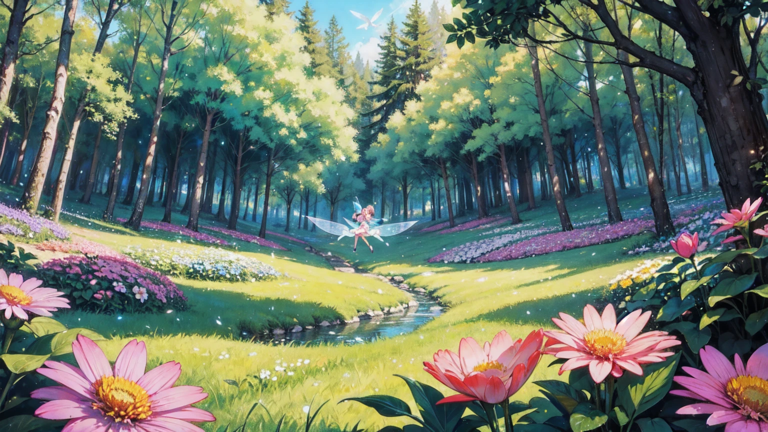 The backdrop is a peaceful, colorful setting in a vibrant forest, uninhabited and full of flowers. Glowing little fairies are flying around. Background only.