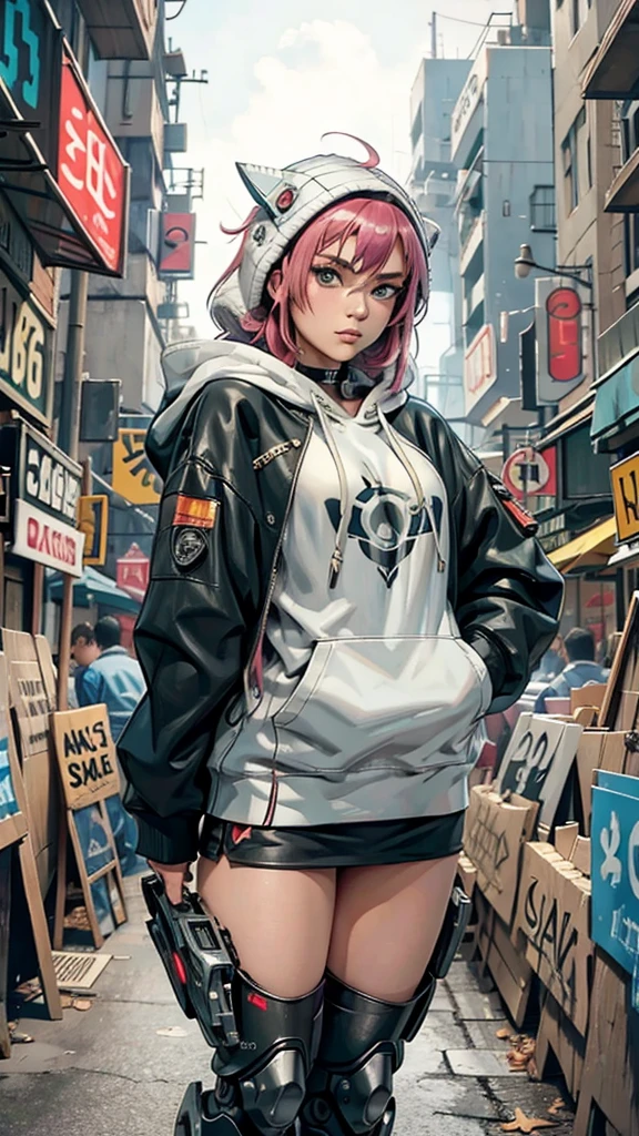 there is a woman with a hoodie on her head, fashionable cyberpunk mechanoid, cyberpunk anime girl in hoodie, cyborg girl, girl in mecha cyber armor, mechanized valkyrie girl, cyborg - girl, cute cyborg girl, karol bak uhd, digital cyberpunk anime art, cyborg merchant girl, beutiful girl cyborg, portrait armored astronaut girl