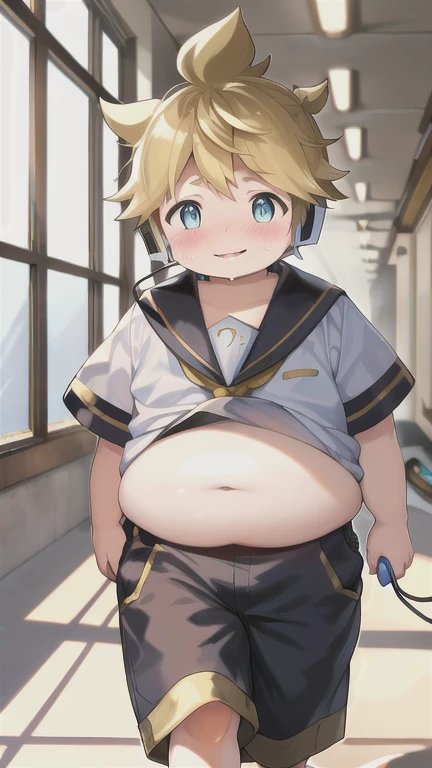 10 year old boy, cute Kagamine Len, (chubby), (plump), severely overweight, ((over small sailor uniform)), chubby body, whole belly spilling over the waistband, unbuttoned shorts, earphones, tie, parted lips, (full blushed), forced smile, (feeling really embarrassed), cheek flushed red, watery eyes, sweating, walking on a corridor