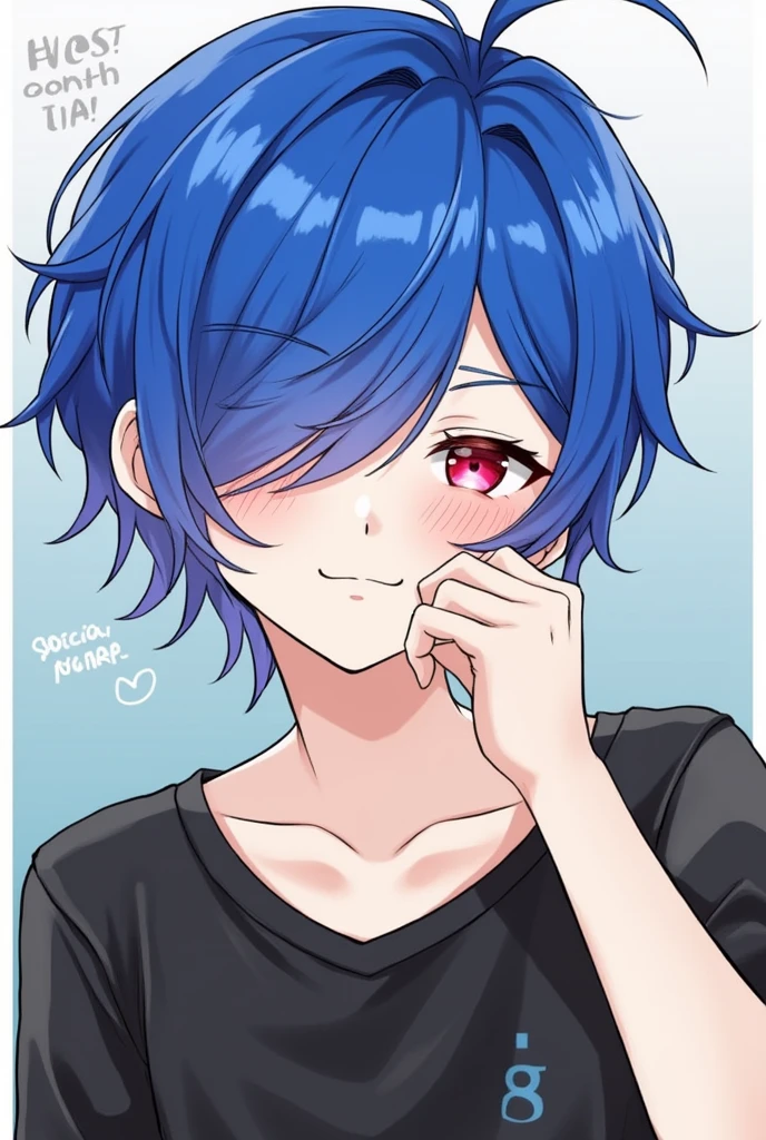 Blue Hair。Red eyes。Male idols。cool。
smile。With background。
Social media icons。
