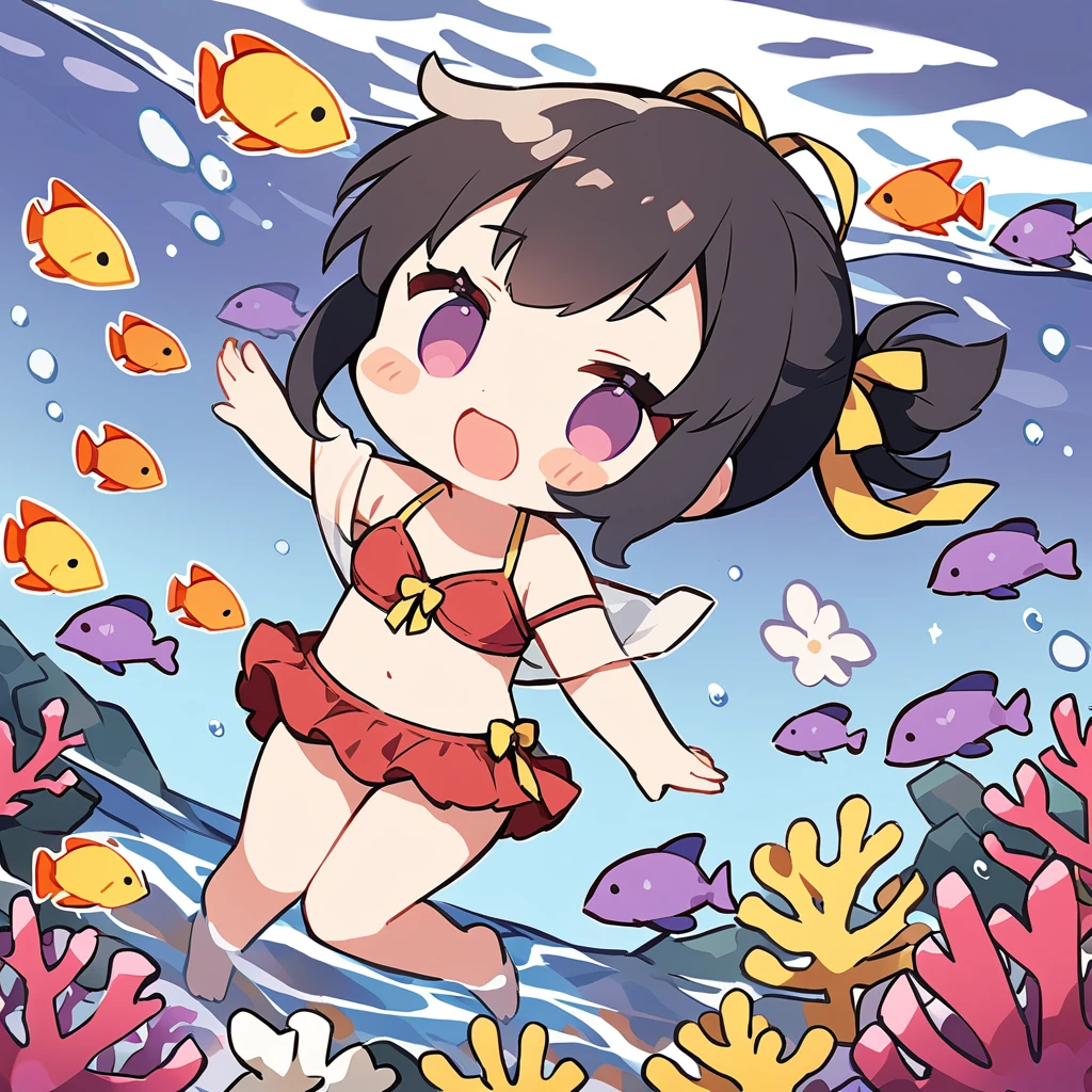 Black-haired girl swimming in the sea1People Girl、Short Ponytail、Yellow ribbon、Red bikini with white flowers、Coral Reef、A school of purple tropical fish swimming、Chibi Character