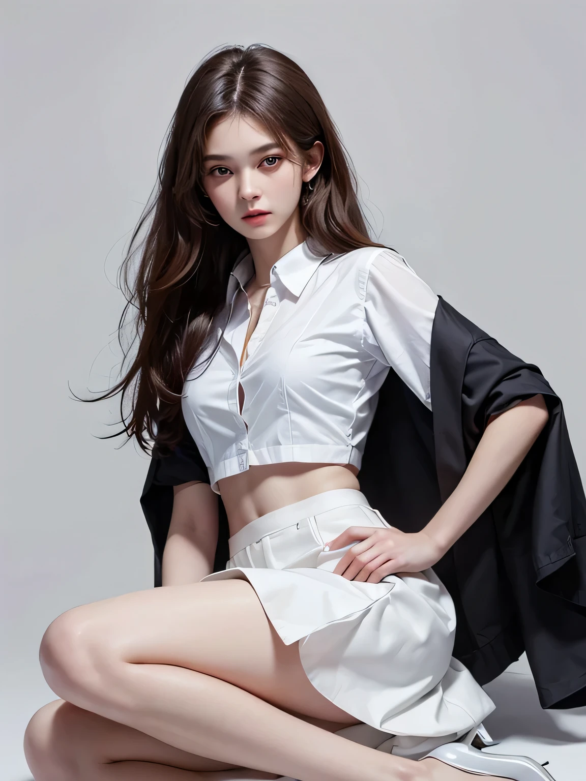 ((Top Quality, 8k, Masterpiece: 1.3)), Sharp Focus: 1.2, Perfect Body Shape Pretty Woman: 1.4, Slender Abs: 1.2, Detailed Eyes, Double Eyelids,real、long legs、full、feminine、white shirt、mini skirt、high heels,very delicate face,realistic lighting and shading, (very delicate and beautiful芸術)1.2, It's elegant,dramatic shadow、very detailed。high quality、High resolution、Raw、超High resolution、super detail、(very delicate and beautiful)、very detailed、real shadowv Natural Soft Rim Light