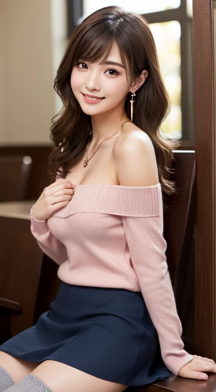 (Tabletop, Highest quality, High resolution, , Pixel perfect, 4K,), 1 girl, single, alone, Beautiful woman、I could see the whole body、 ((Wavy mid-hair, bangs, Brown Hair)), ((Brown eyes, Beautiful eyelashes, Realistic eyes)), ((Detailed face, blush:1.2)), ((Smooth texture:0.75, Realistic texture:0.65, Realistic:1.1, Anime CG style)), Medium chest, Dynamic Angle, Perfect body, ((, female teacher, , Earrings、necklace、Off-the-shoulder sweater、Dark blue flared skirt、Black knee-high stockings、Spread your legs wide、、A shy smile、Sitting at the pulpit、Leaning forward)), Superior、University classroom、、evening、、(Pink lace panties visible、、(Bring your chest and arms closer together、Lift up your skirt and show me your panties、look back)、Angle from below)、