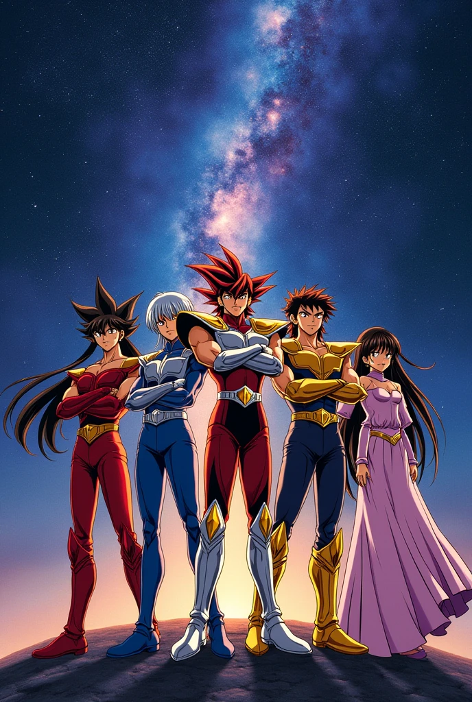 Group of anime characters standing in front of a galaxy, Saint Seiya, unreal engine render Saint Seiya, Yu-Gi-Oh, Yu-Gi-Oh artwork, Anime Visual, 80s Anime, 80s Anime, Animated masterpiece, Yu-Gi-Oh style, Promotional Art, Toei, Yu-Gi-Oh art style, Official Art, 1990s anime