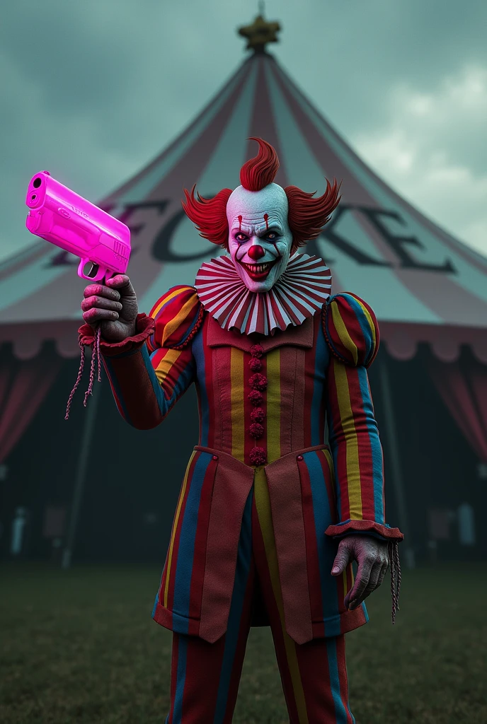 A creepy clown with a pink gun in front of a circus tent with the word MECKE written on it