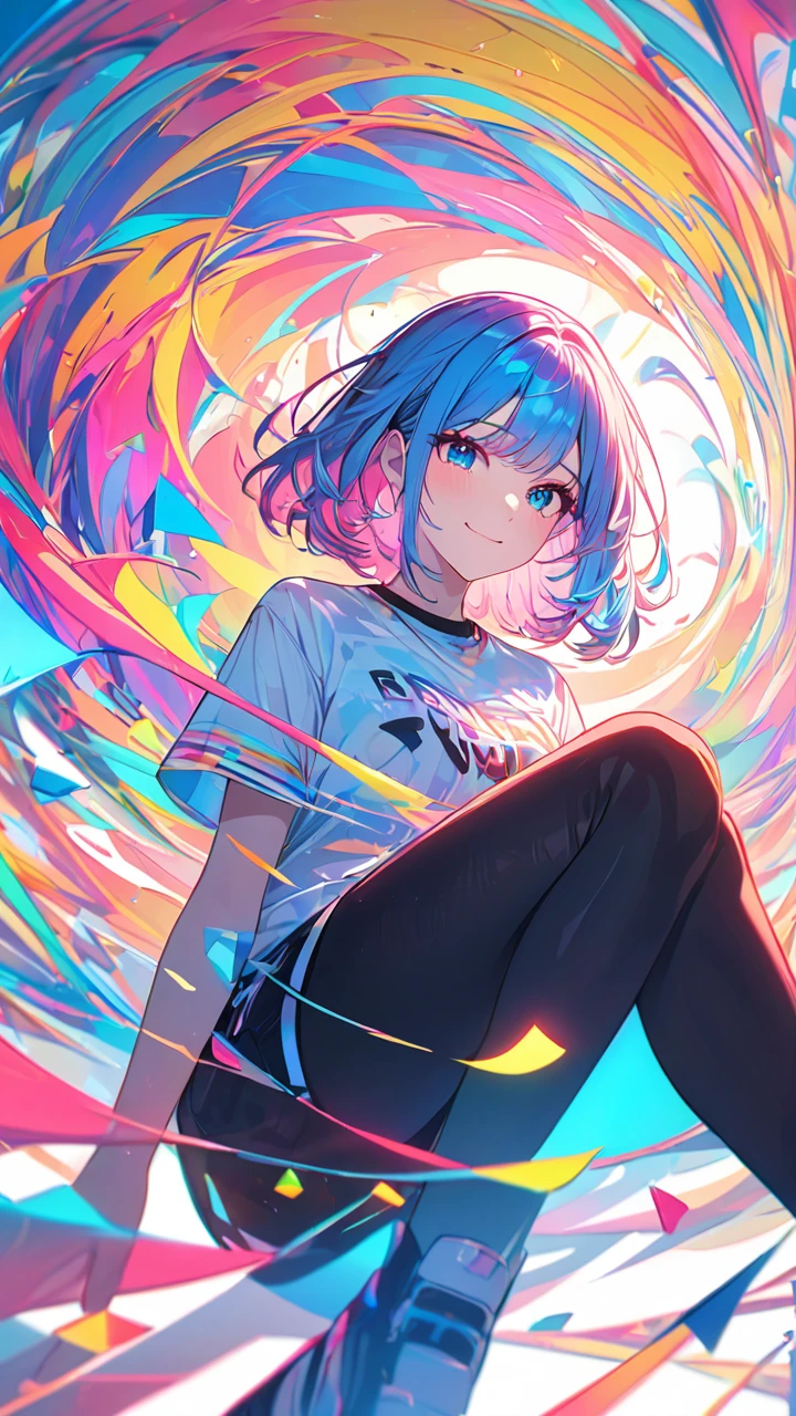 masterpiece,Best quality,ultra wide angle,thumbaudience,1 girl,pink and blue hair,hand,cuteanimeface,tears,masterpiece,transparentcolorPVCfor clothes,transparentcolorvinylclothing,whole body,glukkkomok}in the face,smile,medium hair,granularity,lens_Flash,colorful,chromatic aberration,Dynamic,closed mouth,intense emotional expression:death,glitchArt,ultra detailed,very gentle and beautiful,albumcover,album,albumdescription,Pixilationin the face,double exposure,chromatic aberration,light leak,Noise and grain,Color deterioration,Glitchlettering,Art,abstractArt,geometry,sharp lines,squares,Bright,limited palette,{canonical composition},neatdiagonalstripedbackground,{{blue with white striped background}},{limited palette},flat,blue and white,
