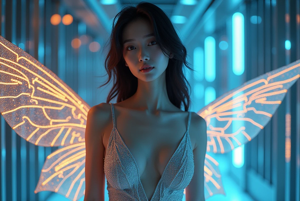 Sci-fi, fantasy, future, fashion photography, Korean beauty with fantasy wings, sexy, big breasts, looking at the audience. Low saturation, chaotic interweaving of silver and blue elements, orange streamlined lights, dynamic outlines, virtual equipment, lighting effects and particles, abstract geometry, RAW photos, ultra-detailed, delicate faces, movies