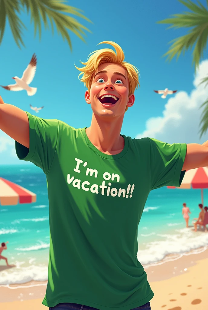 Create an image of a young white man with blond hair wearing a Heineken shirt on the beach with the phrase saying: I&#39;m on vacation !! Disney  style

