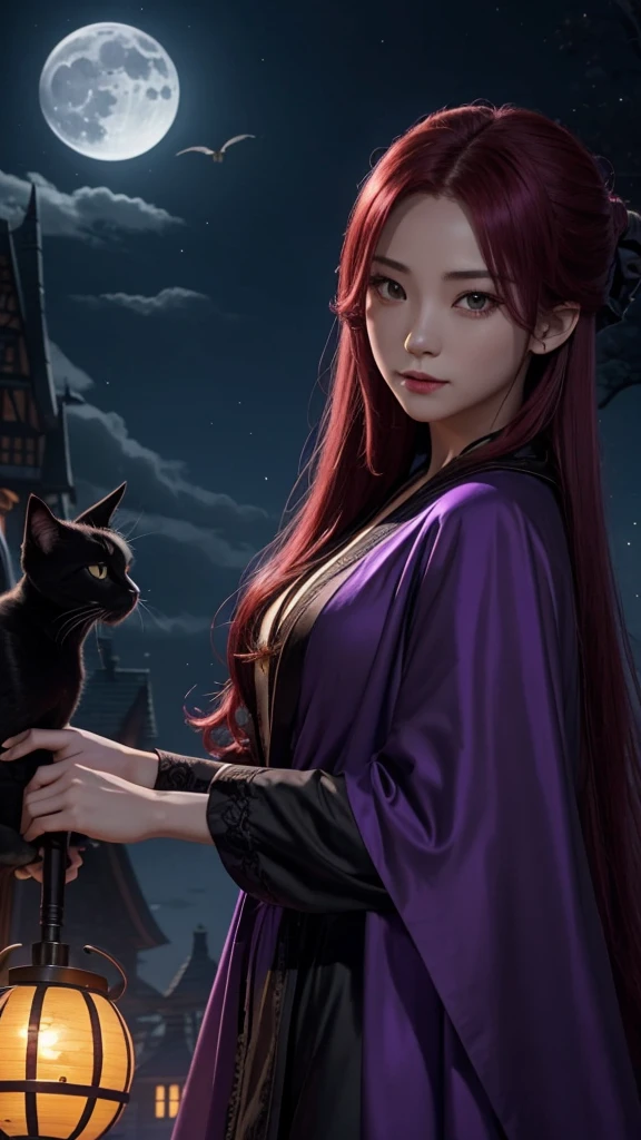 Moonlit Night、Gliding through the sky、Straddling a broom、mystery、Purple Robe、Food、Black cat、Twilight、Jack Lantern、Red hair、ambition、strong、witch、Fly、high resolution