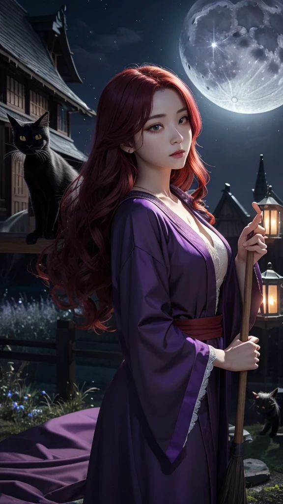 Moonlit Night、Gliding through the sky、Straddling a broom、mystery、Purple Robe、Food、Black cat、Twilight、Jack Lantern、Red hair、ambition、strong、witch、Fly、high resolution