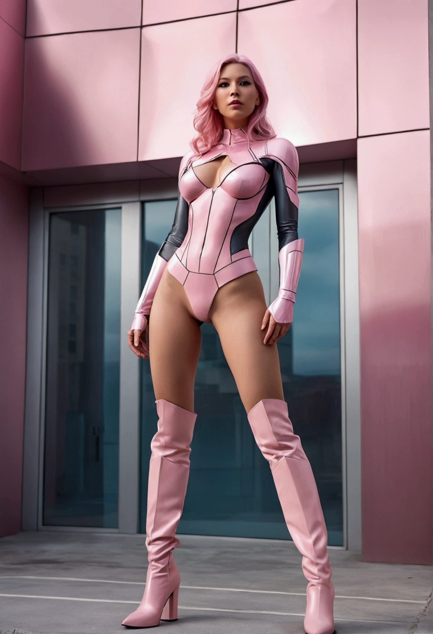 I want you to make me a realistic woman, with a superhero style of clothing in the style of a Marvel movie, pastel pink color, where you can see her breasts and nipples in the nude, naked, that he is wearing long boots,  outside a futuristic building, Random sexy poses