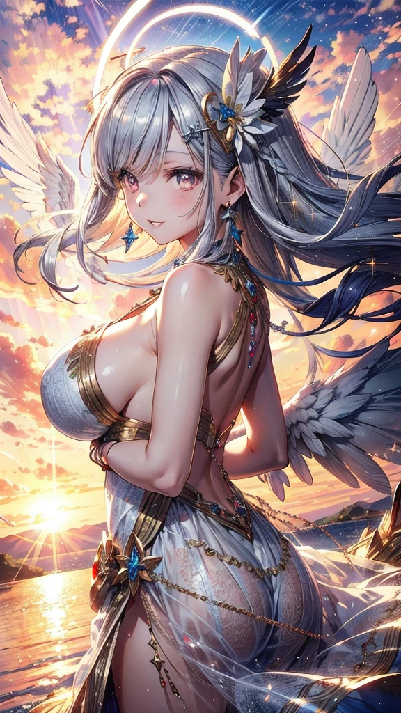 Particles of light, (Dazzling Light:1.2),(1 Angel Girl:1.2),26yo,Nice, Adult face,Beautiful Face, (Face close-up:1.1),(Large Breasts:1.2ngel wings on his back(Giant angel wings:1.2),(Cute Smile:1.2), pink gold long hair, Silver Eyes, Detailed eyes, (Huge bright halo:1.2),(Decorative halo:1.2),Face close-up,(Putting jewelry in your hair:1.2), (hair ornaments:1.2),(Dress Sparkle:1.2),(Detailed decoration on the dress:1.2),(Reflection of the dress:1.2),(A strong wind is blowing), fly in the sky, , (dawn:1.2), (Heaven in the background:1.2), Huge sky, cloudy,(Light of the sun:1.2), (Lens flare:1.2), (Many silver feathers are flying:1.2), ,(white dove flying:1.2),Perfect Anatomy,Accurate anatomy,Sexy pose,Various es