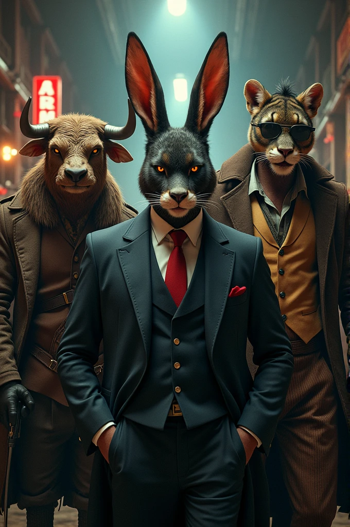 A bull, a rabbit, a panther and an indian, all with a gangster look