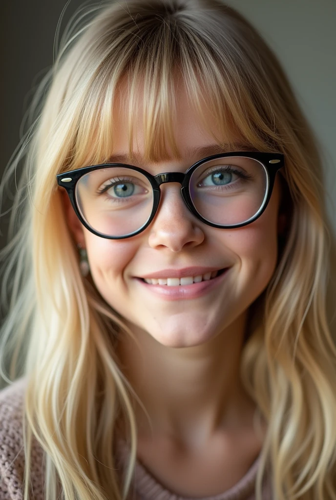 girl with blonde bangs and glasses
