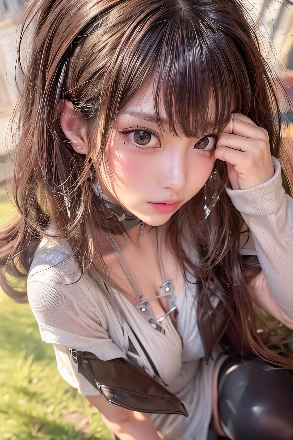 (Looking up angle from the ground), (over-the-shoulder shot:1.3), masterpiece, 1 girl, Fine grain, highest quality, Ultra High resolution, (reality: 1.4), Cinema Lighting, Beautiful Skin, (Ultra-realistic), (High resolution), (8k), (Very detailed), ( Best illustrations), Pouting slightly,  (Crystal colorful lights), Extremely refined and beautiful, beautiful detailed eyes, Round eyes, detailed facial features, (Round pupils:1.4), (alluring face), Glistening Lips, smile, (small breasts:1.3), Open lips, (Beautiful and detailed face, Beautiful and delicate eyes), brown hair, long hair, sexy pose, bewitching pose, (from below), tight leather shirt, tight mini skirt, stockings, Engineer boot,  ((((Exposed thighs, Beautiful thighs, Showing off thighs)))), ((Beautiful feet)), (Showcasing cleavage), (cleavage:1.3)