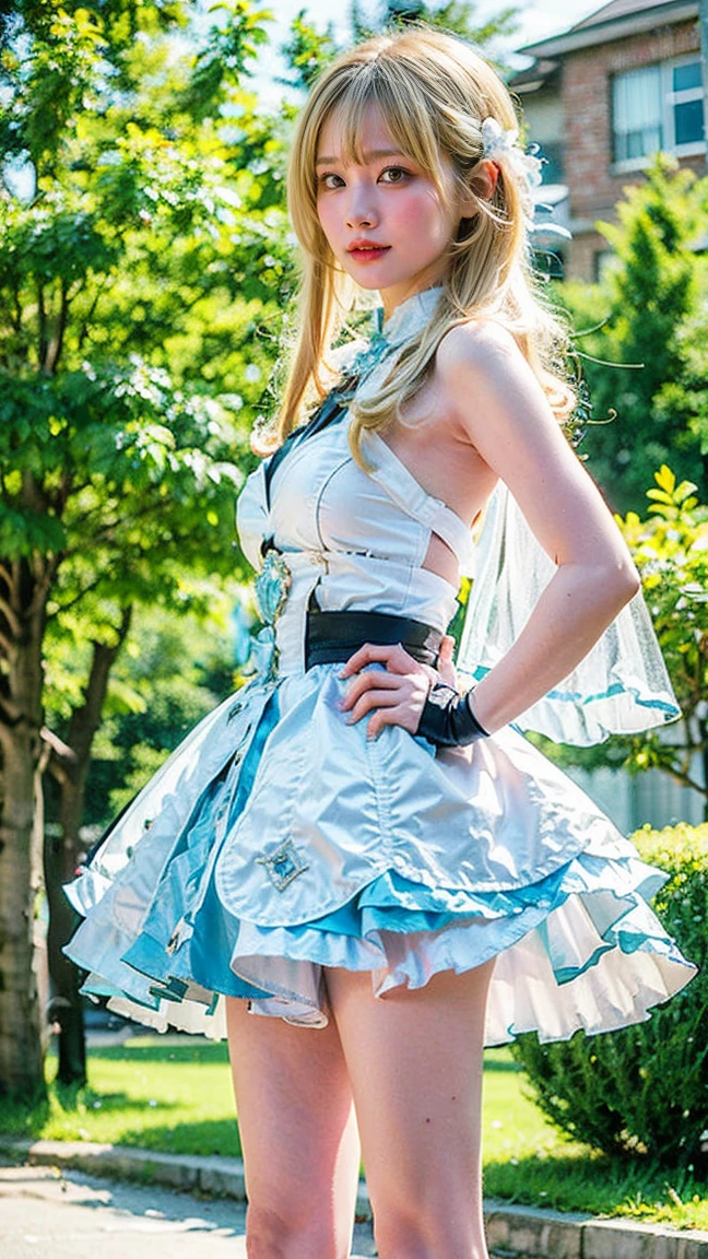 (8k、RAW Photos、Highest quality、masterpiece:1.2)、(Realistic、Realistic)、1 girl、((Blonde、See-through、White and light blue、Frills、Cape、mini skirt、Thin legs、whole body、boots、View from the front、Looking into the camera、Stand with hands on hips))、cute