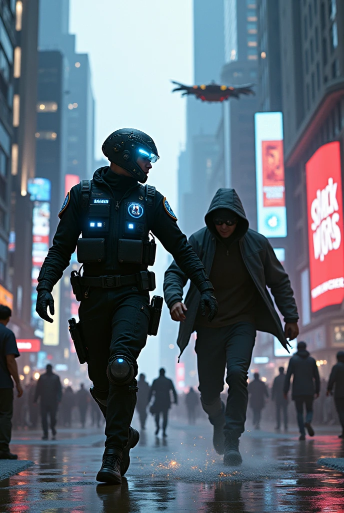 Futuristic cop arresting a thief in a chaotic city