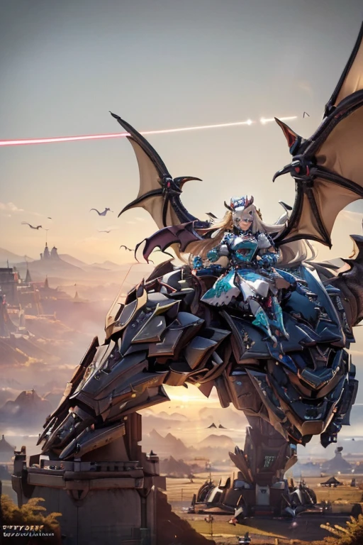 (masterpiece:1.5), ultra quality, 8K, high resolution, super fine illustration, Precision in the details, (insanely detailed), magnificent panorama view, 
(science-fiction), depth of field, 
(from diagonal above:1.4), (cowboy shot), horizon, 
perfect anatomy, 
(1girl:1.5), solo, delicate beauty girl, (17years_old girl), (elf girl), 
platinum blonde hair, (extreme long hair), bang, french_braid, (floating hair:1.4), hair browning in wind, 
(fine detailed eyes), (blue eyes), pointed_ears, (dress_armor:1.5), (sci-fi mechanical armor:1.4),  (holding laser spire:1.5), (dragon knight), (gigantic dragonic_robot:1.8), (sci-fi wyvern),  (riding mechanical dragon:1.6), (flying  mechanical wyvern_dragon:1.8), (flying:1.6), (cinematic lighting:1.2), (cinematic shadow:1.2), (realistic:1.2),