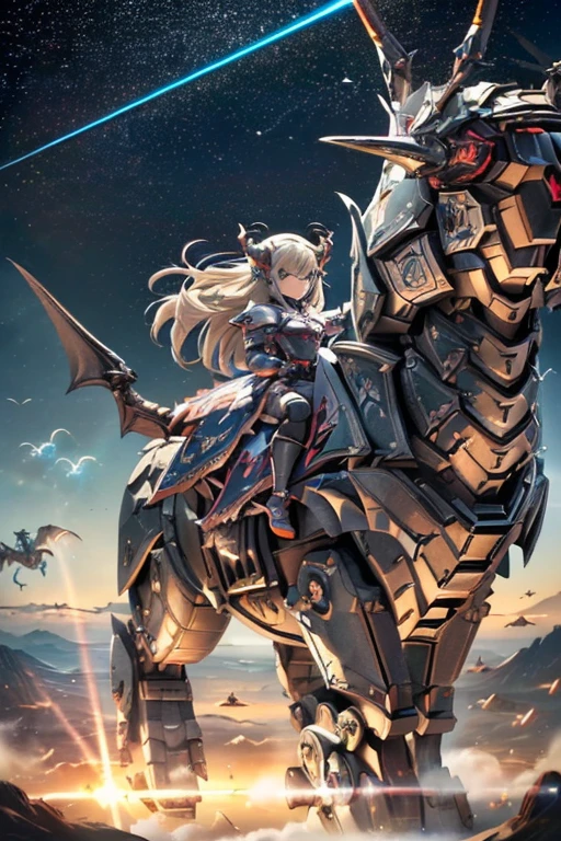 (masterpiece:1.5), ultra quality, 8K, high resolution, super fine illustration, Precision in the details, (insanely detailed), magnificent panorama view, 
(science-fiction), depth of field, 
(from diagonal above:1.4), (cowboy shot), horizon, 
perfect anatomy, 
(1girl:1.5), solo, delicate beauty girl, (17years_old girl), (elf girl), 
platinum blonde hair, (extreme long hair), bang, french_braid, (floating hair:1.4), hair browning in wind, 
(fine detailed eyes), (blue eyes), pointed_ears, (dress_armor:1.5), (sci-fi mechanical armor:1.4),  (holding laser spire:1.5), (dragon knight), (gigantic dragonic_robot:1.8), (sci-fi wyvern),  (riding mechanical dragon:1.6), (flying  mechanical wyvern_dragon:1.8), (flying:1.6), (cinematic lighting:1.2), (cinematic shadow:1.2), (realistic:1.2),