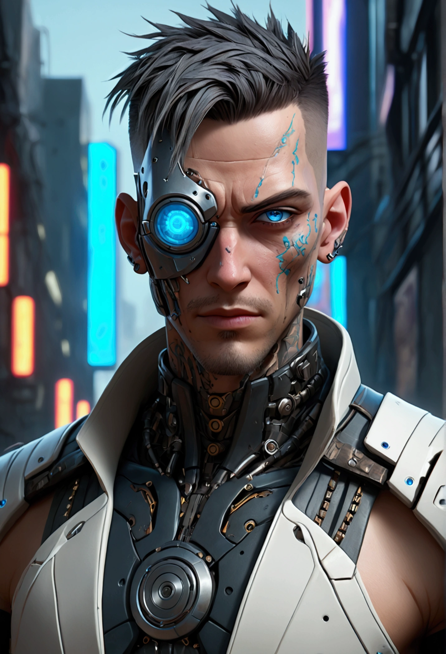 (best quality, Art, animation styling, Full of details), Upper body cut of a man, official anime art illustration, White person with blue eyes, Cartoon of a man wearing a mask on his face, ((Rotting)) protruding eyes, semi-realistic cyberpunk style, Portrait of a cyberpunk man, cyberpunk art ultrarealistic 8k, cyberpunk style , hyper realist, cyberpunk character, Trends in ArtStation, Complete movie character, Trends in ArtStation 4k, Cyberpunk Cyborg Upper Body, Realistic upper body like a movie, A perfectly realistic cyberpunk hero., incRottingibly detailed, 8k, Ultra HD, Art, best quality, very detailed, convoluted, Expressing the upper body, Show me your waist