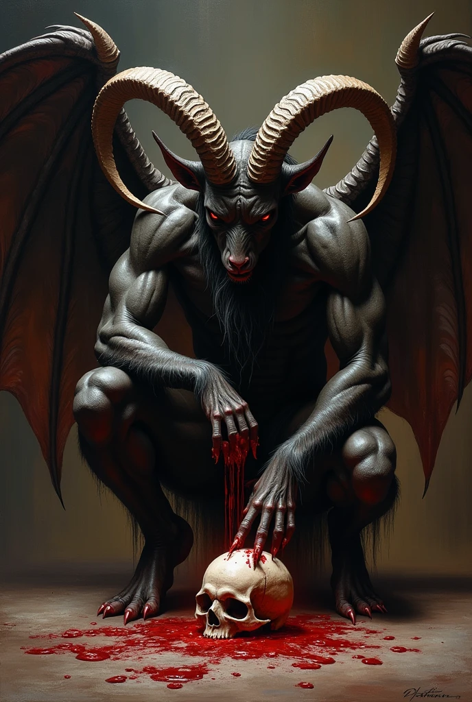 Baphomet with goat head and large horns, strong and strong upper body, Devil skin, skins, ((toenails, wings)), part of penile heresion, head appearing and becoming thick and hard so that his balls demonstrate satisfaction and relief with greater, bottom balls, blood splatters, Skull on the ground, Perform a blood ritual, Mediovale, darkness room, diffuse light, tabletop, realisitic, oil painting
