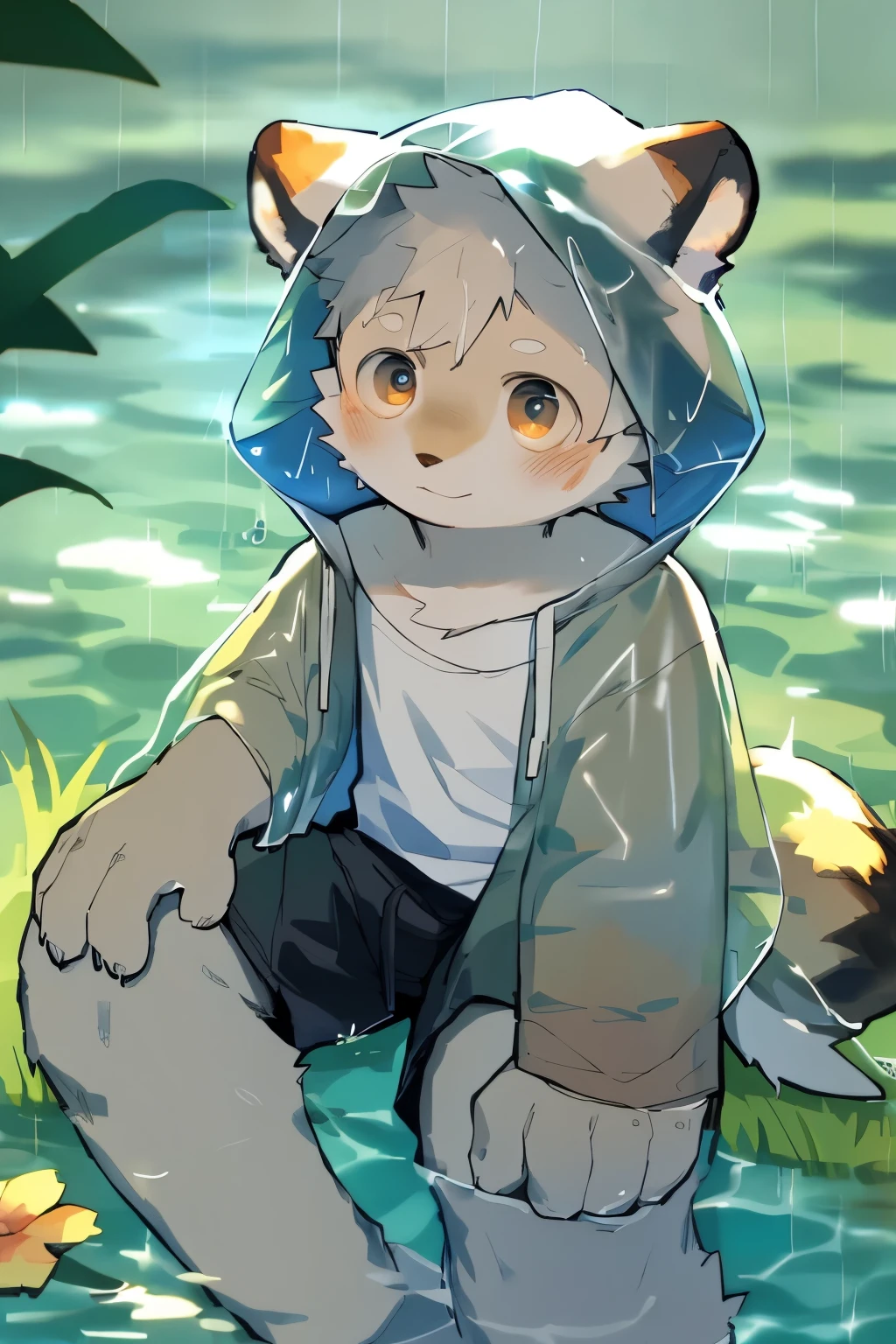 Masterpiece, Best quality, Perfect anatomy, Watery eyes, author：Milk Tiger 1145, author：K0bit0wani, Furry, coyote, (Phyllis:0.3), muscular male, solo, wears, baggy clothes, wet fur, (Translucent raincoat:1.1), (holding flower:1.1), Lying, bird's eyes view, grass, rain, water, Rained，((Boy，shota))，boy，Pino Deheny, Carney announced, milkytiger1145, boy, Yes，