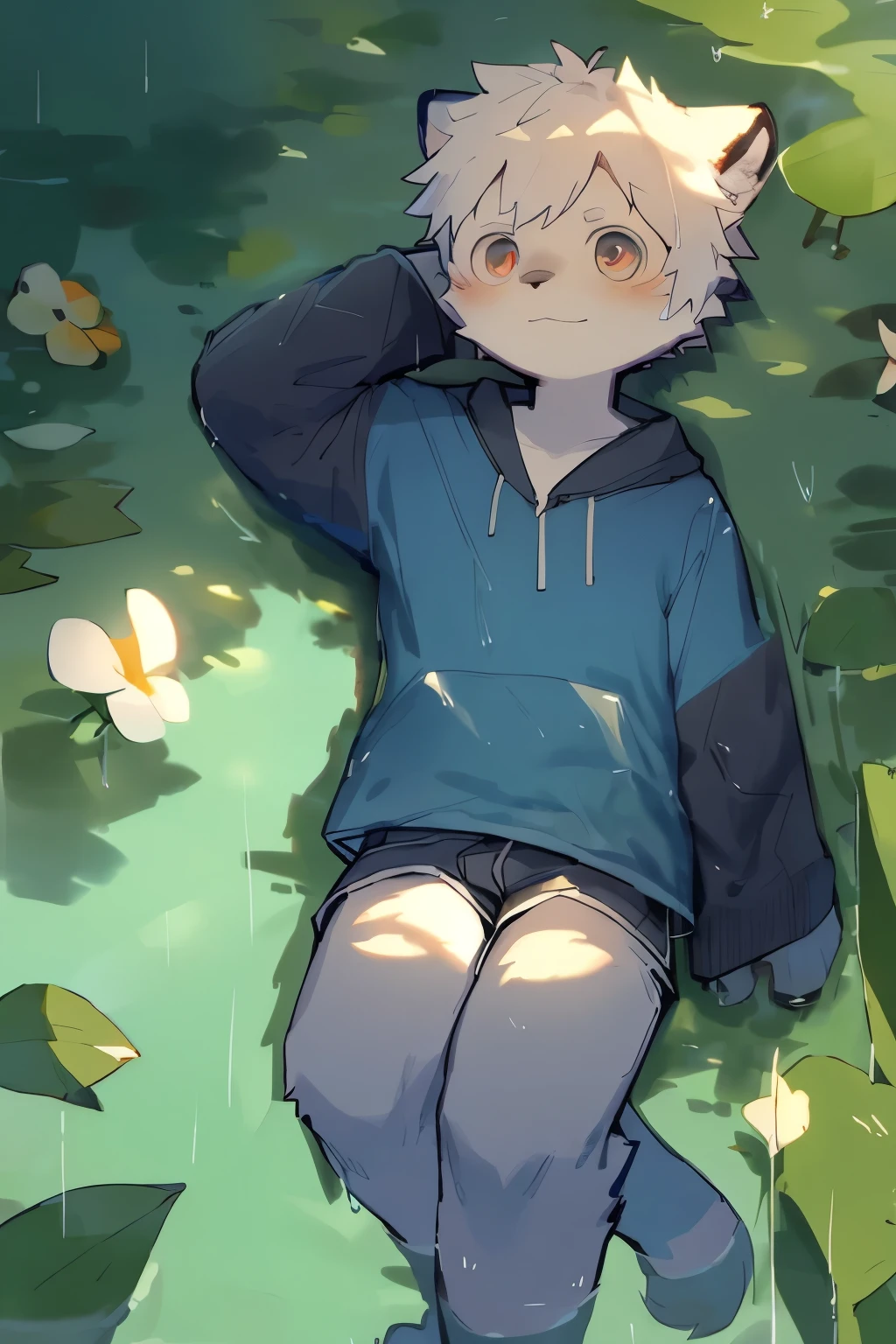 Masterpiece, Best quality, Perfect anatomy, Watery eyes, author:Milk Tiger 1145, author:K0bit0wani, Furry, coyote, (Phyllis:0.3), muscular male, solo, wears, baggy clothes, wet fur, (Translucent raincoat:1.1), (holding flower:1.1), Lying, bird's eyes view, grass, rain, water, Rained,((Boy,shota)),boy,Pino Deheny, Carney announced, milkytiger1145, boy, Yes,