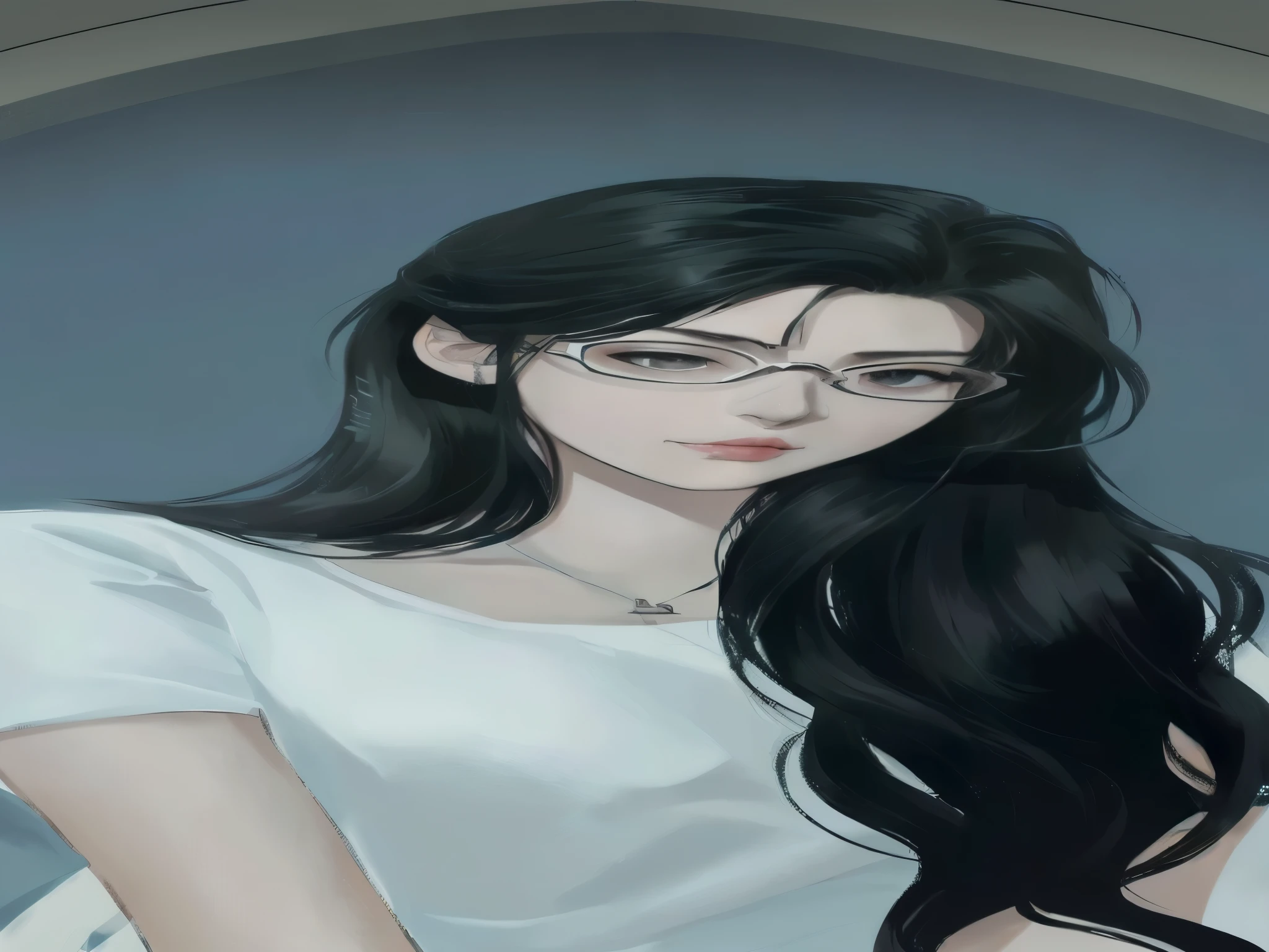 anime girl with long black hair and glasses sitting on a bed, in the art style of bowater, realistic anime artstyle, anime realism style, made with anime painter studio, artwork in the style of guweiz, inspired by Ma Yuanyu, with glasses, realistic young anime girl, semirealistic anime style, realistic anime art style, kawaii realistic portrait