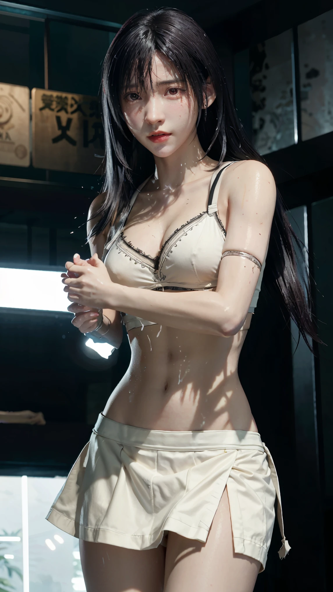 1girl, tifa lockhart, photorealistic, red eyes, black hair, white bra, wet shirt, torn skirt, cropped torso, extremely detailed, intricate details, cinematic lighting, hyper realistic, 8k, masterpiece, detailed rendering, volumetric lighting, highly detailed facial features, realistic skin texture