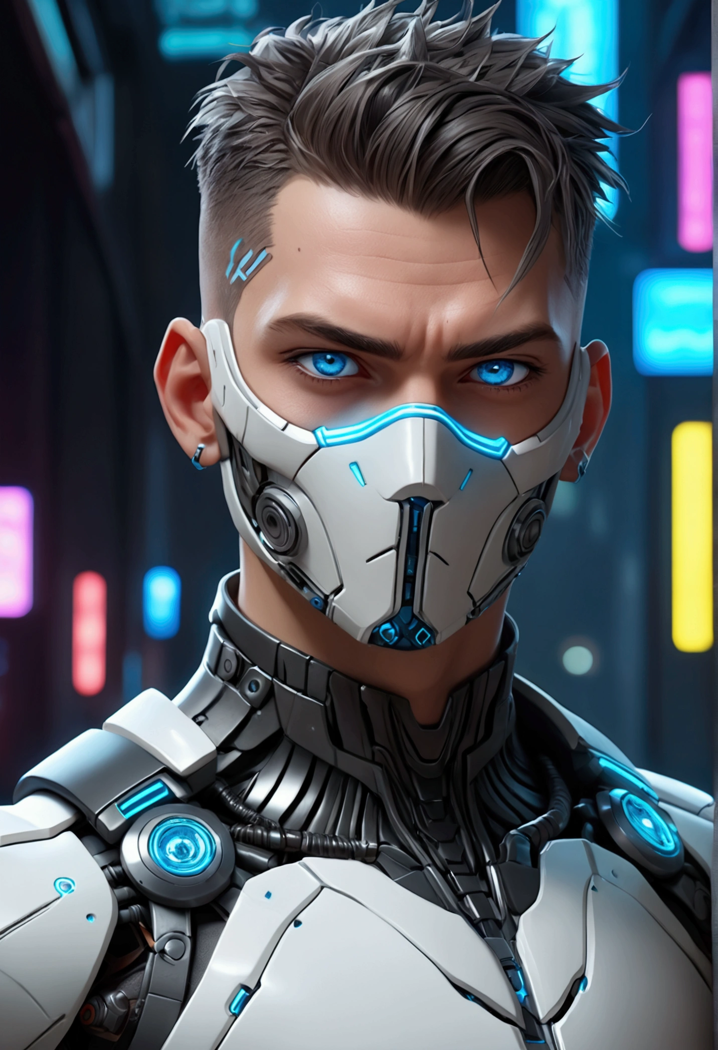 (best quality, Art, animation styling, Full of details), Upper body cut of a man, official anime art illustration, White person with blue eyes, Cartoon of a man wearing a mask on his face, protruding eyes, semi-realistic cyberpunk style, Portrait of a cyberpunk man, cyberpunk art ultrarealistic 8k, cyberpunk style , hyper realist, cyberpunk character, Trends in ArtStation, Complete movie character, Trends in ArtStation 4k, Cyberpunk Cyborg Upper Body, Realistic upper body like a movie, A perfectly realistic cyberpunk hero., inc썩음ibly detailed, 8k, Ultra HD, Art, best quality, very detailed, convoluted, Expressing the upper body, Show me your waist
