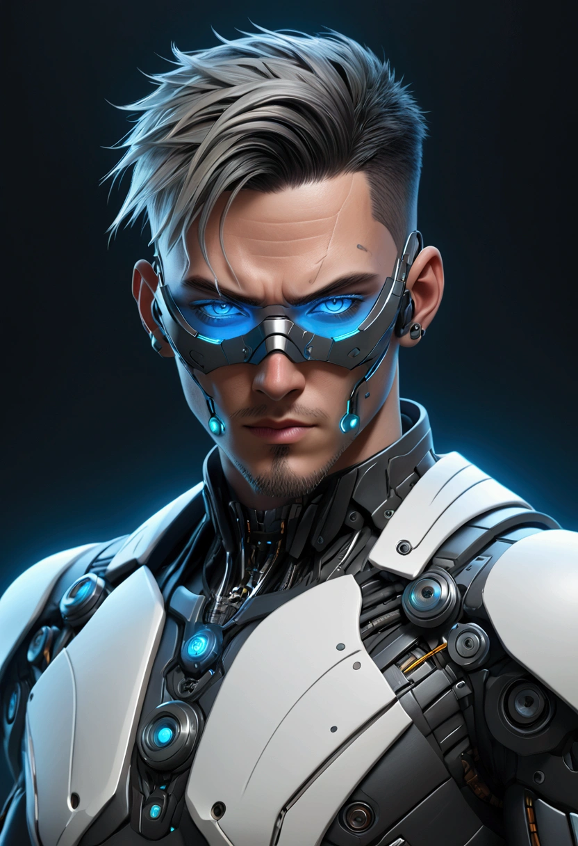 (best quality, Art, animation styling, Full of details), Upper body cut of a man, official anime art illustration, White person with blue eyes, Cartoon of a man wearing a mask on his face, protruding eyes, semi-realistic cyberpunk style, Portrait of a cyberpunk man, cyberpunk art ultrarealistic 8k, cyberpunk style , hyper realist, cyberpunk character, Trends in ArtStation, Complete movie character, Trends in ArtStation 4k, Cyberpunk Cyborg Upper Body, Realistic upper body like a movie, A perfectly realistic cyberpunk hero., inc썩음ibly detailed, 8k, Ultra HD, Art, best quality, very detailed, convoluted, Expressing the upper body, Show me your waist