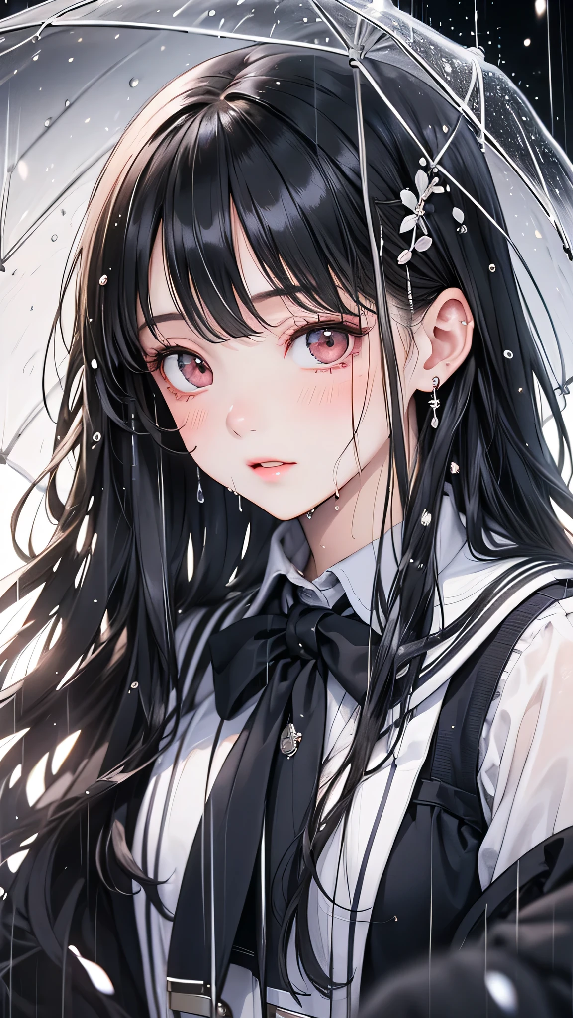 One girl, Long black hair,Schoolgirl uniform, shy, blush, Wet, rain, transparent, (masterpiece, Highest quality), (Beautifully detailed face), (Beautiful attention to detail), Soft Light, Structure of the film, Cinematic Light,No umbrella