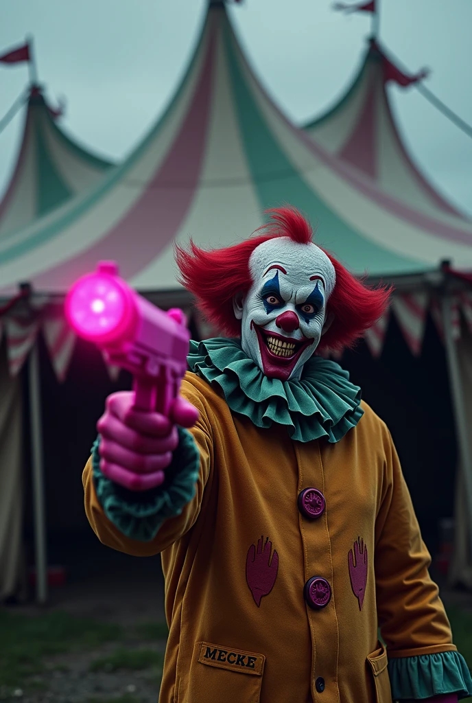 A macabre clown with a pink gun in front of a circus tent and the word MECKE written prominently in the image 