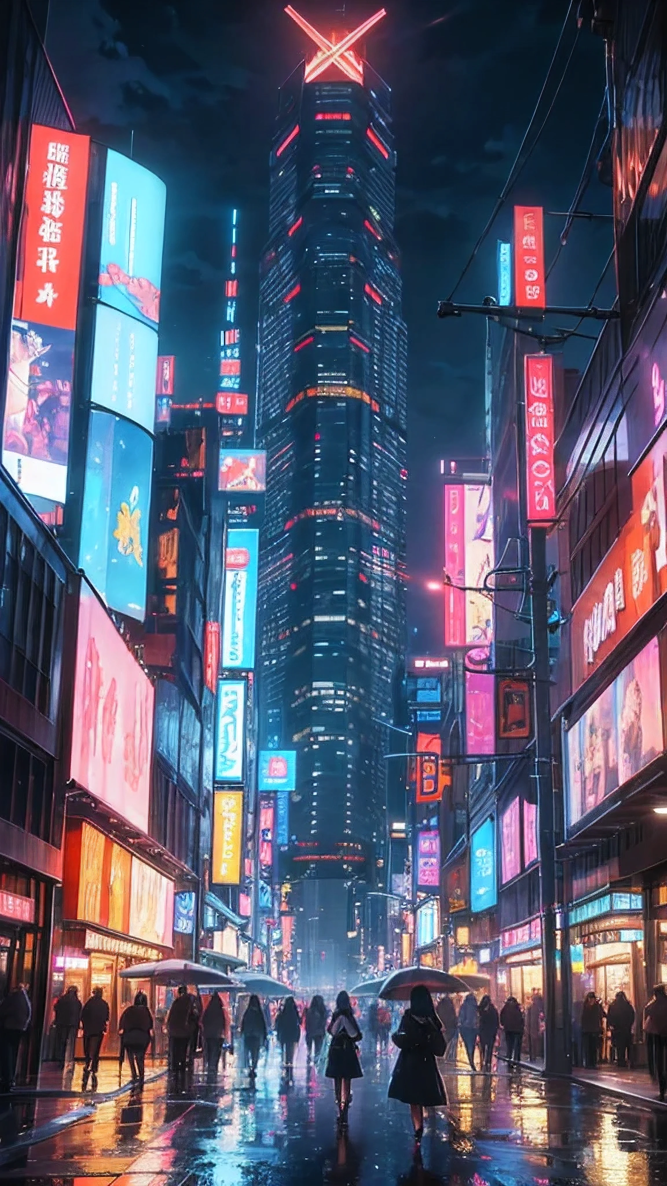 **Prompt:** A vibrant anime scene set in a bustling, futuristic city at night. Neon signs in various colors illuminate the towering skyscrapers, casting a kaleidoscope of light onto the slick, rain-soaked streets below. The city is alive with activity, as people in stylish, cyberpunk-inspired outfits move through the crowded sidewalks, their faces glowing with the reflections of the digital billboards above. In the distance, a massive, glowing moon hangs low in the sky, its light mingling with the neon haze. A sleek, futuristic train glides silently on elevated tracks, its design blending seamlessly with the high-tech architecture. The scene is captured in hyper-realistic detail, with 4K resolution that brings out the intricate textures of the buildings, the reflections in the puddles, and the dynamic energy of the urban landscape.