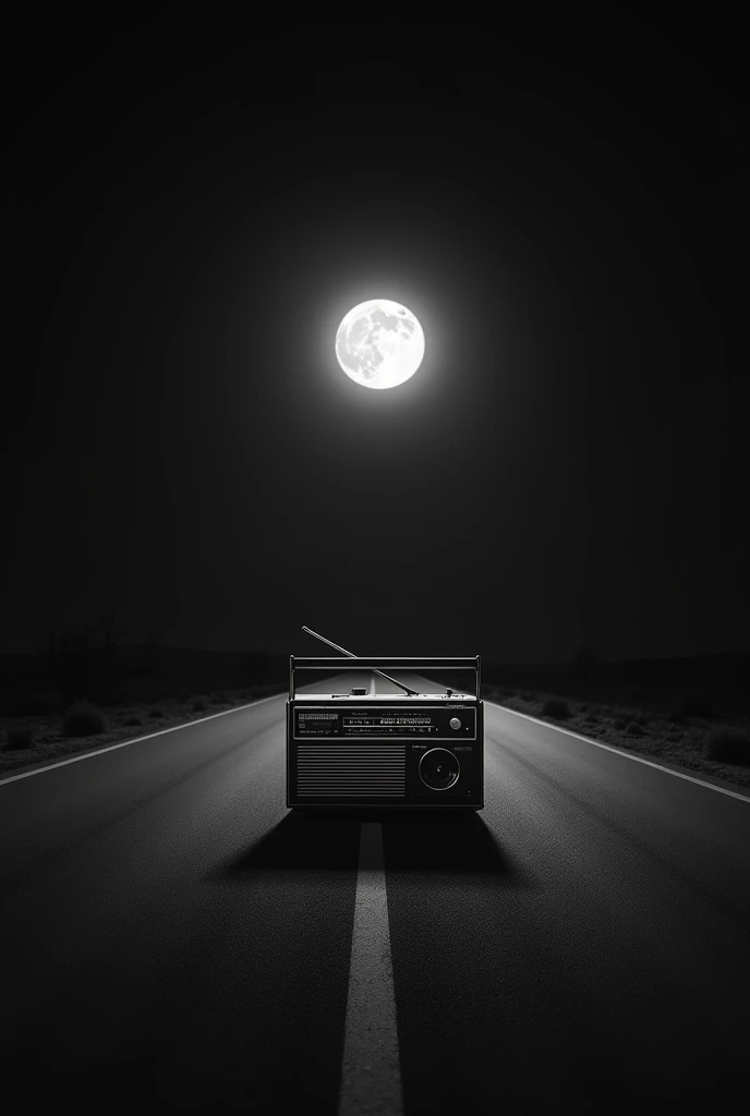 Making a picture of a black and white 80's radio under the moonlight in the middle of the road