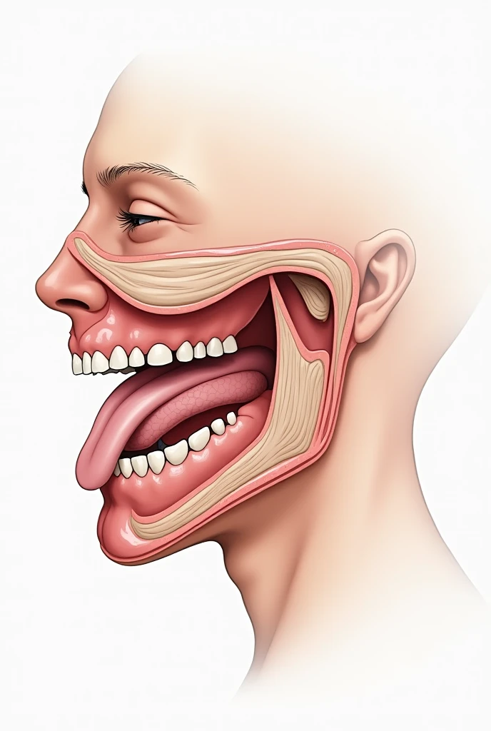 A mouth with a neat tongue, teeth, salivary glands and buccal cavity shown diagram from one side