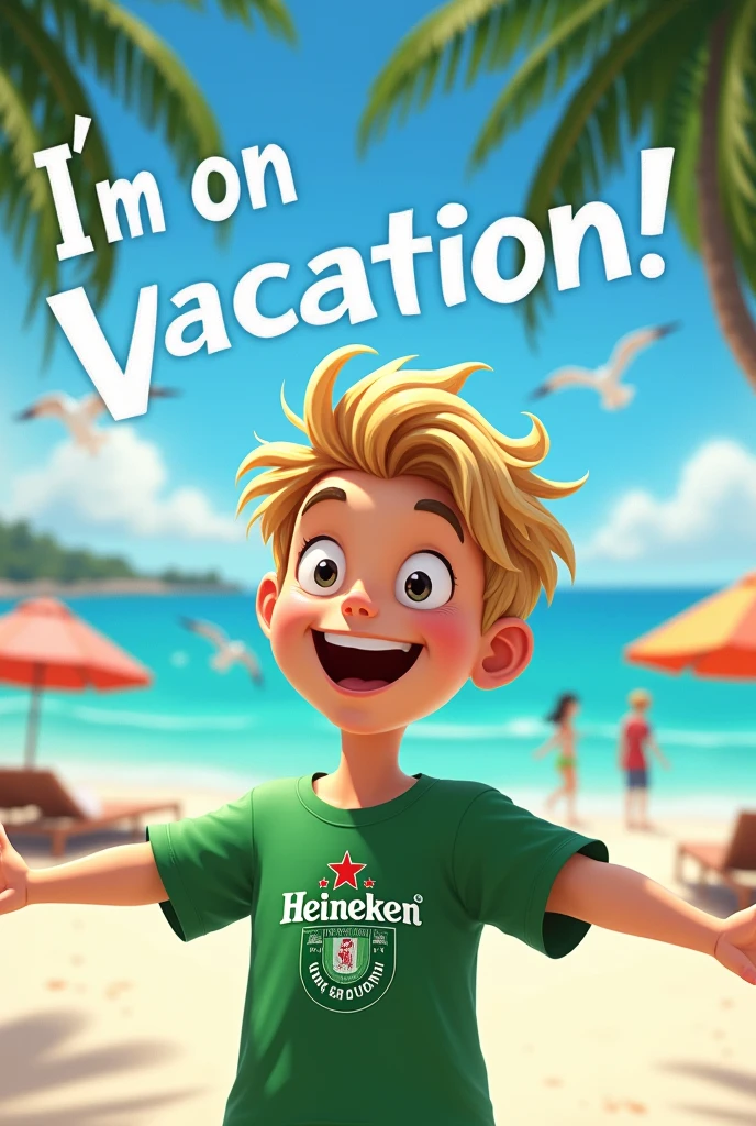 Create an image of a young white man with blond hair wearing a Heineken shirt on the beach with the phrase saying: I'm on vacation !! Disney style