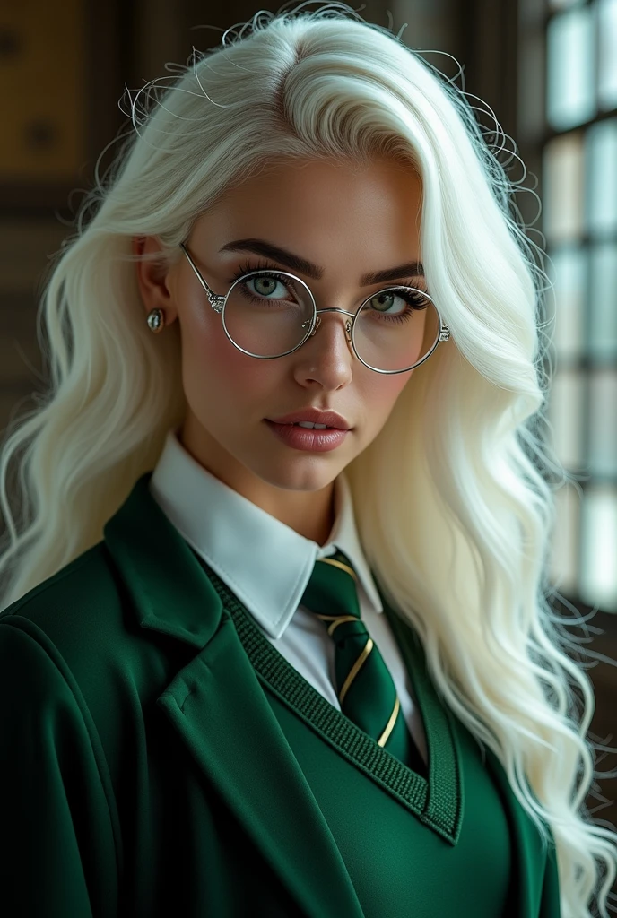 create an image of a white Brazilian woman with long curly platinum hair down to her back, thick filled eyebrows, with a beautiful and attractive face, seductive and well-marked, wearing glasses with transparent frames, beautiful, has kind and striking eyes of the grayish blue color that he is wearing the outfit/uniforme da sonserina em um lugar da escola de Howgarts de Harry Potter