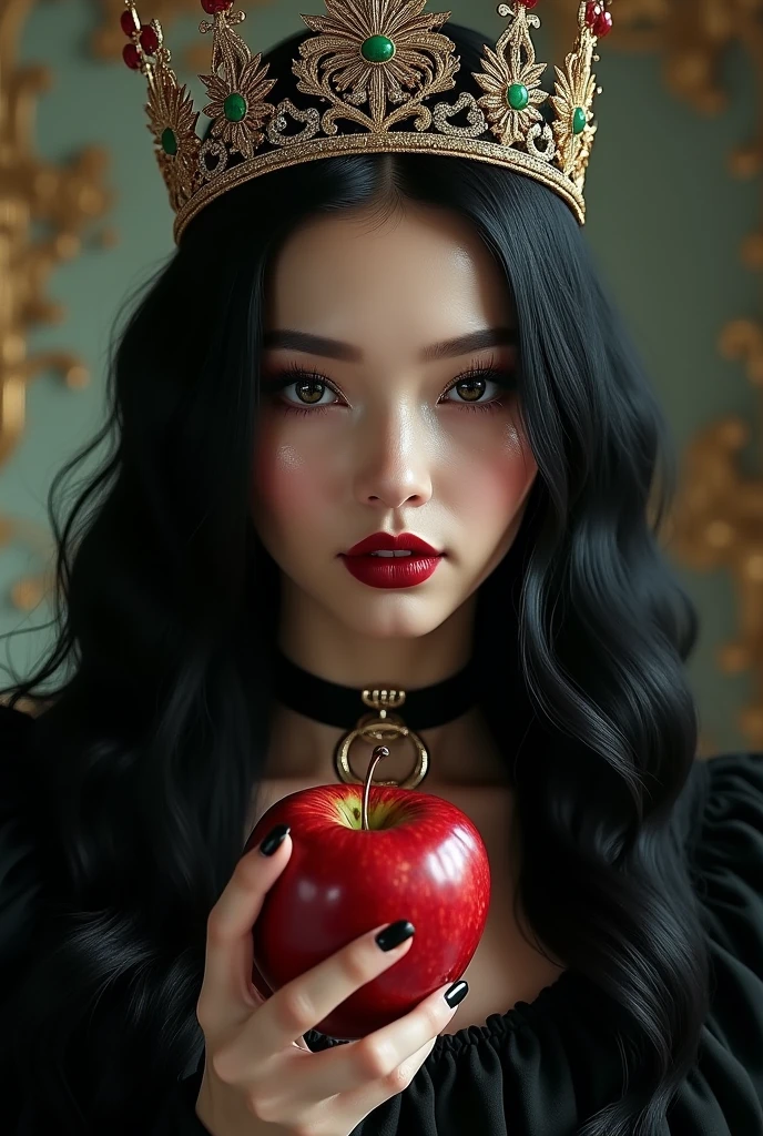 ((RAW Photo), absurd, (absurdresolution)), masterpiece, best quality, (Extremely detailed 8k unity CG wallpaper), (best illustration), (best shadow), Realistic lighting, beautiful detailed glow, ((21 years old)), girl, long black hair, black queen, accessories, apple in hand, poisoned apples, witch queen, red lipstick, (((Photographic Perspective of her)))