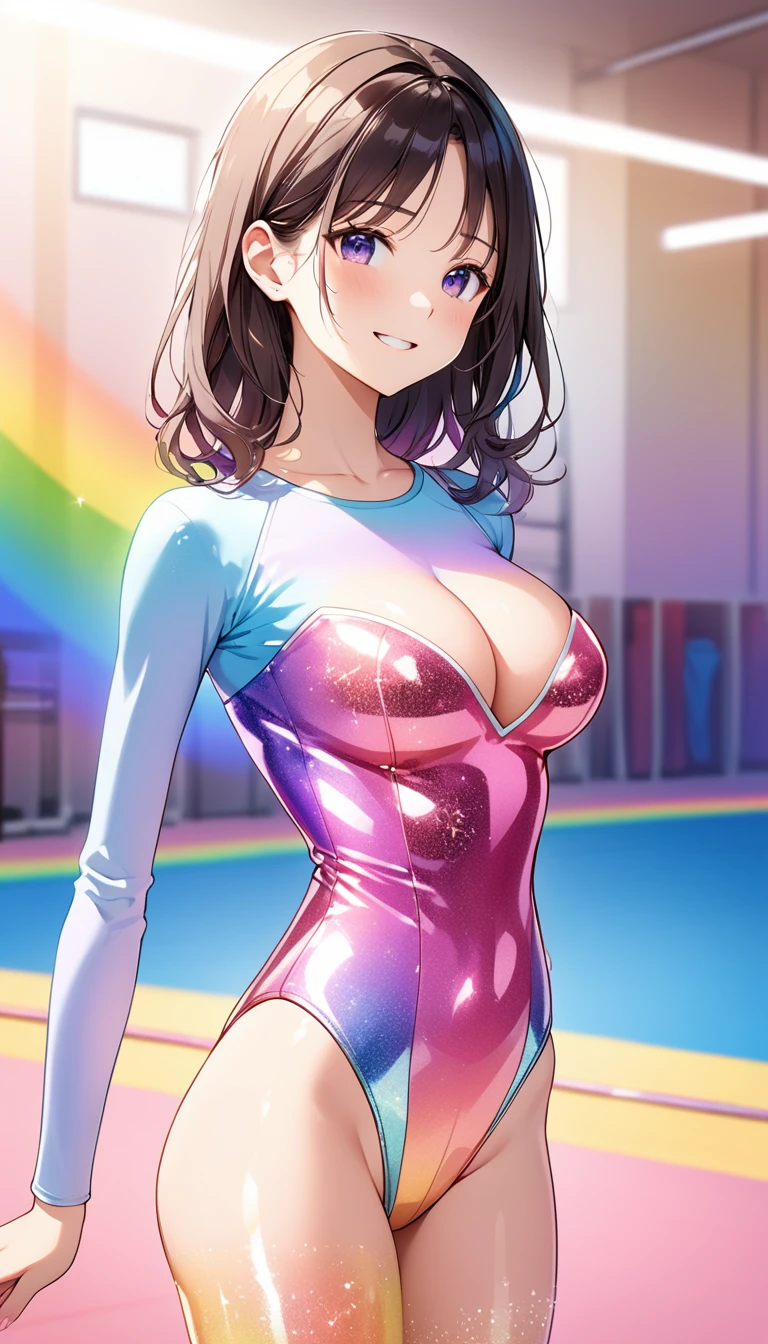 expensivequality illustration, masterpiece, Very delicate and beautiful, Attractive girl,(Gymnastics leotard, Floral leotard,Long sleeve leotard with glittery embellishments,expensive_Leg leotard,athletic leotard,Tight-fitting leotards,Rainbow Gradient Leotard),thin,Slender body,slim,expensive school,Gymnasium background,Gymnastics Club,Gymnast,Princess, Beautiful Eyes、smile、blush,(masterpiece, Highest quality:1.2), expensiveres, Very detailed CG ユニティ 8k 壁紙, Perfect lighting, colorful, ultra-expensive res,4K,Very detailed, photograph, 8k, High resolution, 、Big Breasts、Areola、Nipples、Female organ、Thick pubic hair sticking out、Pubic hair sticking out、Completely naked、Kick one leg high