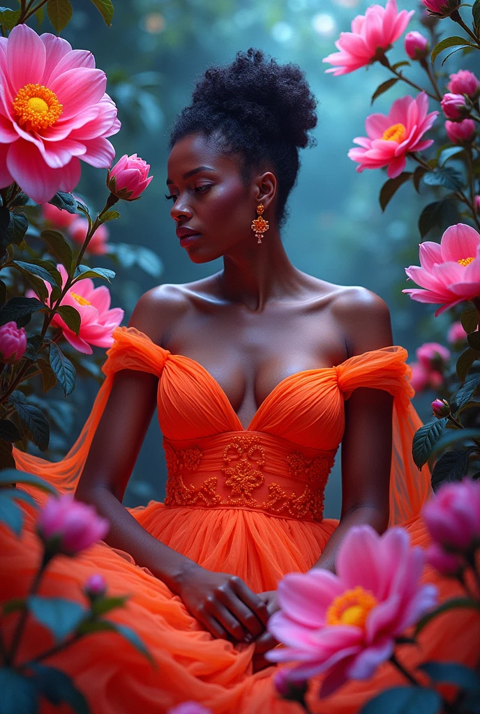 Imagine the powerful and graceful woman in an art nouveau setting, where vibrant neon flowers grow around her. The woman's dress must have bright tones and neon details, highlighting her imposing figure. Flowers should create a natural frame, adding a touch of delicacy to the scene. The image should be visually striking and full of life.