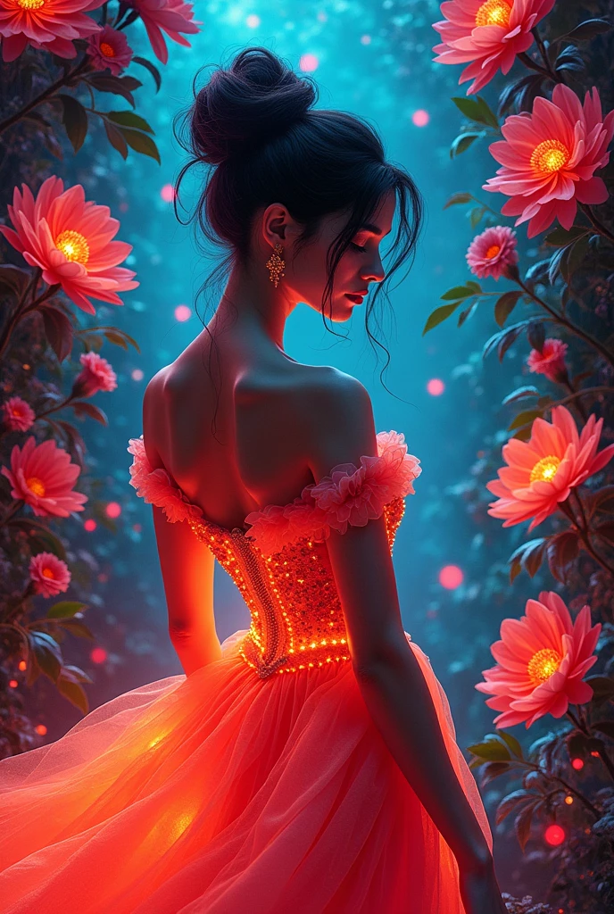 Imagine the powerful and graceful woman in an art nouveau setting, where vibrant neon flowers grow around her. The woman's dress must have bright tones and neon details, highlighting her imposing figure. Flowers should create a natural frame, adding a touch of delicacy to the scene. The image should be visually striking and full of life.