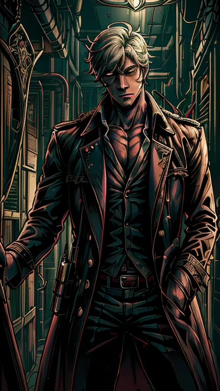 (1boy, John Constantine), (extremely detailed CG unit 8k wallpaper),(master part), (best quality), (ultra detail), (best illustration),(Dan Mumford style), cowboy shot, (Sharp eyeliner, ombre, detail eyes), dark dungeon interiors background, ,break , (vamptech), camisa, trenchcoat 