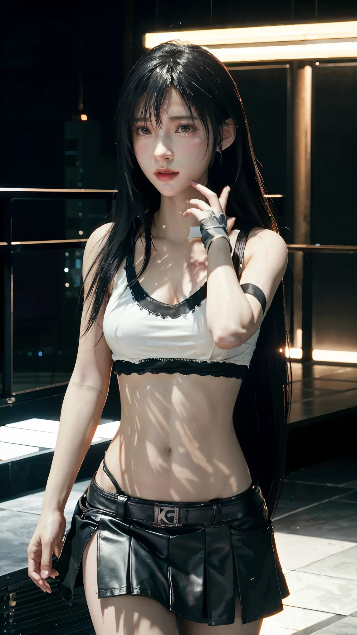 1girl, tifa lockhart, photorealistic, red eyes, black hair, white bra, wet shirt, torn skirt, cropped torso, extremely detailed, intricate details, cinematic lighting, hyper realistic, 8k, masterpiece, detailed rendering, volumetric lighting, highly detailed facial features, realistic skin texture