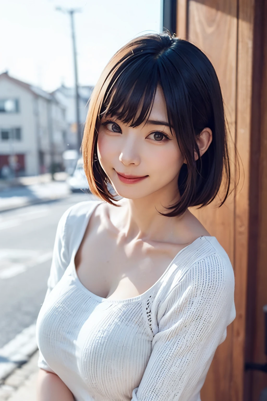 (masterpiece, Highest quality),One Girl, alone, hyper Realistic, Realistic,Realistic, Looking at the audience, Light brown eyes:1.4,Brunette Short Bob Hair with highly detailed shiny hair, Brightly colored winter clothes, Lepangas:1.4), Plein Air, Mouth closed, Upper Body、big chest eye、eyelash、{Hugeな|big chest|Hugeなな|Mega} chest:2, chestの谷間:2、{Huge|big|Hugeな|Mega} chest:2, chestの谷間:2、とてつもなく大きなchest、chestの谷間を見せる、(((big chest eye、Short Bob Hair、Glowing Skin、Shiny Hair、Student Highlights、Gazing at the audience、She is very beautiful and cute、Listen carefully、Long neck、smile、Close your mouth and smile、bangsと美しい歯、bangs、Perfect Anatomy)))、Ideal body type、（Snowy tree-lined road in winter in Norway, Out of focus background）、美しいLong neck:1.4、Very attractive, Beautiful and cute woman