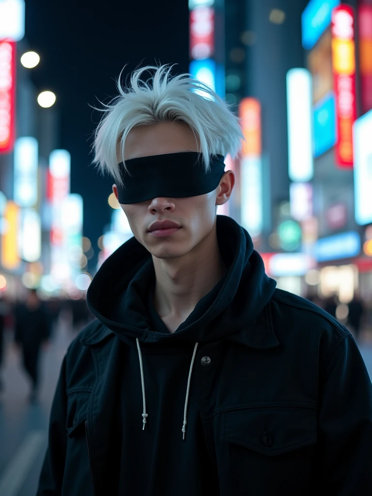 ((masterpiece, 8K, best quality, high resolution:1.3)), (a tall and slender man with a thin build:1.2), (he has a very delicate face:1.2), (his hair is completely white, slightly messy, falling over his forehead and usually styled upwards:1.2), (his eyes are covered by a black blindfold:1.2), (he is wearing a black outfit consisting of a black t-shirt and matching pants, giving him an elegant and imposing appearance:1.2), (his style is confident and casual, reflecting his charismatic and powerful personality:1.2), (he is smiling:1.2), (he is in Shibuya at night:1.2), (the background features the vibrant and bustling streets of Shibuya, with neon lights and crowded intersections:1.2), (the scene is illuminated with the colorful lights of the city, creating a dynamic and energetic atmosphere:1.2), (Canon EOS 5DS R camera, perfect for capturing the detail and beauty of the scene:1.2), (paired with the Canon EF 85mm f/1.4L IS USM lens:1.2), (the composition showcases his striking features and the lively urban setting:1.2), (a moment frozen in time, capturing the essence of urban style and charisma:1.3), (ultra photorealistic, highlighting his features and the vibrant city backdrop:1.3), (an image that transports viewers to a captivating and dynamic moment:1.2), (a scene that exemplifies the beauty of individuality and confidence in a modern setting:1.2)